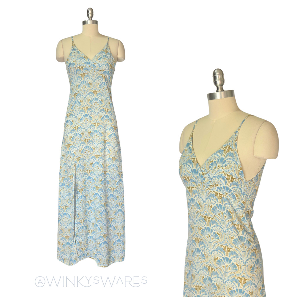 Y2K Style Slip Maxi Dress Size S Art Nouveau Blue Tie Back Wedding Guest